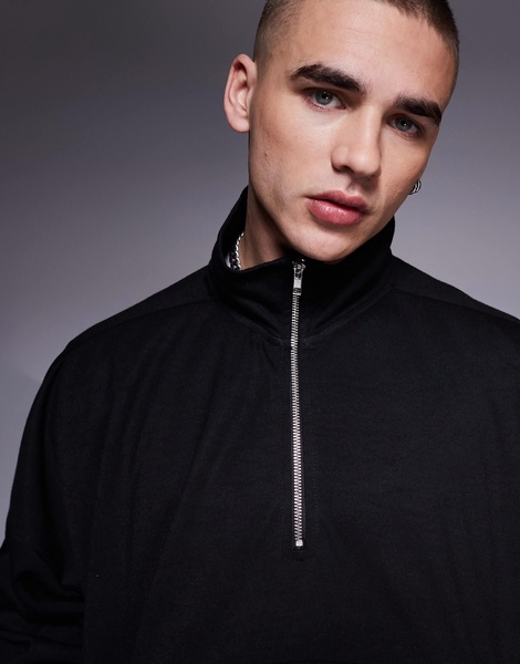 ASOS DESIGN oversized dropped shoulder boxy hoodie with zip funnel neck in black - part of a set