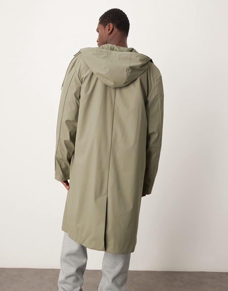 ASOS DESIGN rubberized trench coat with hood in khaki