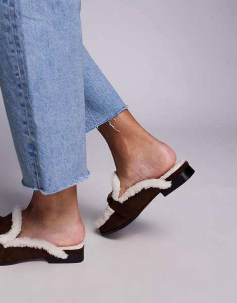 River Island cozy backless mule in dark brown