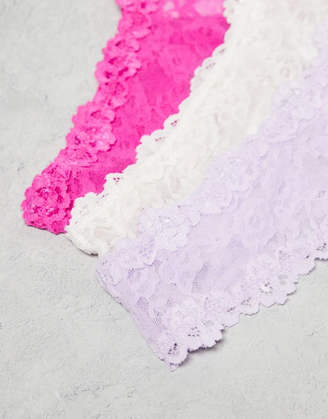 Cotton On stretch lace thong 3 pack in lilac pink cream