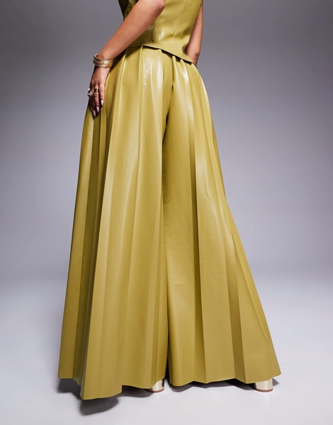 ASOS LUXE PU super wide leg pleated pants in olive - part of a set