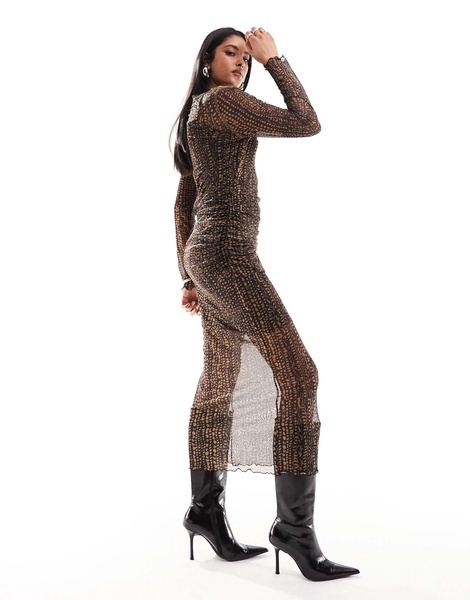 Object sheer ruched mesh maxi dress in brown abstract dot print