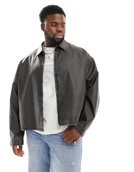 ASOS DESIGN oversized faux leather harrington jacket in black wash