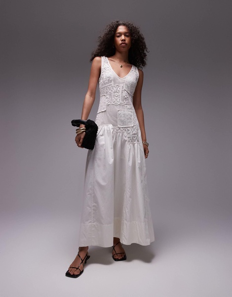 Topshop premium sleeveless eyelet midi dress with removable lining in ivory