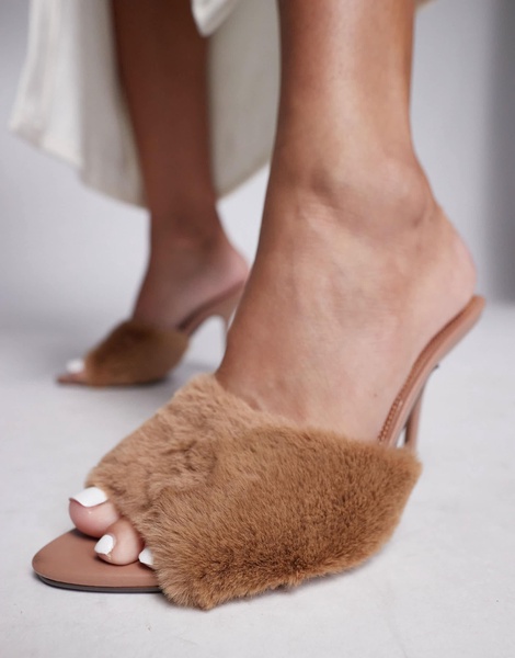 River Island faux fur heeled mules in beige