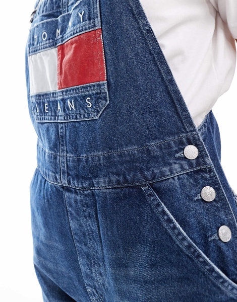 Tommy Jeans retro flag denim overalls in mid wash