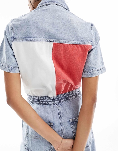 Tommy Jeans large flag denim boiler suit in light wash