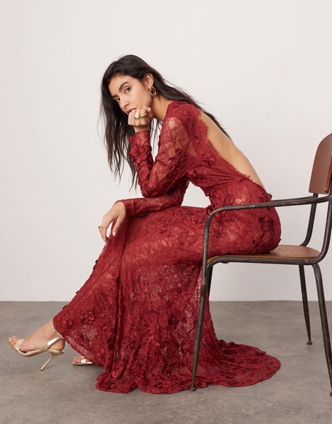 ASOS EDITION embroidered floral long sleeve lace open back maxi dress in burgundy