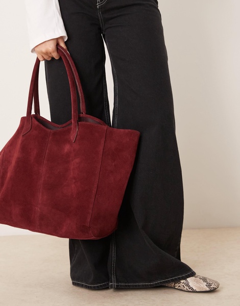 ASOS DESIGN Premium suede bonded tote bag in burgundy