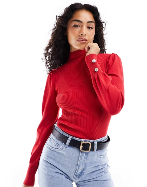 River Island turtle neck ribbed top with button sleeve detail in red