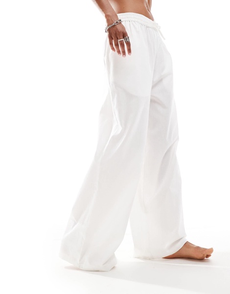 COLLUSION elastic waist linen look beach pants in white