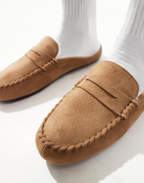 ASOS DESIGN moccasin mule slippers in tan with faux fur lining