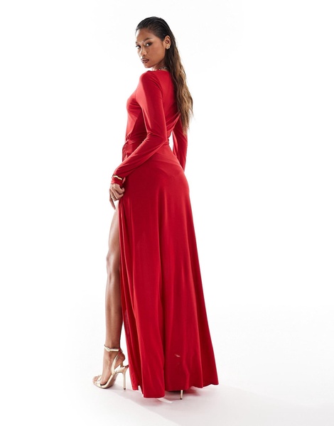 ASOS DESIGN long sleeve cut out sarong detail maxi dress in red