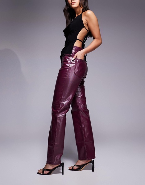 River Island relaxed straight leg coated jeans in dark red