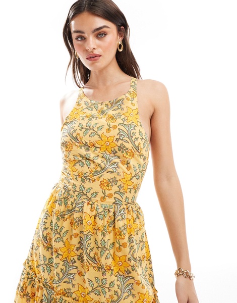 Mango tiered floral midi dress in yellow