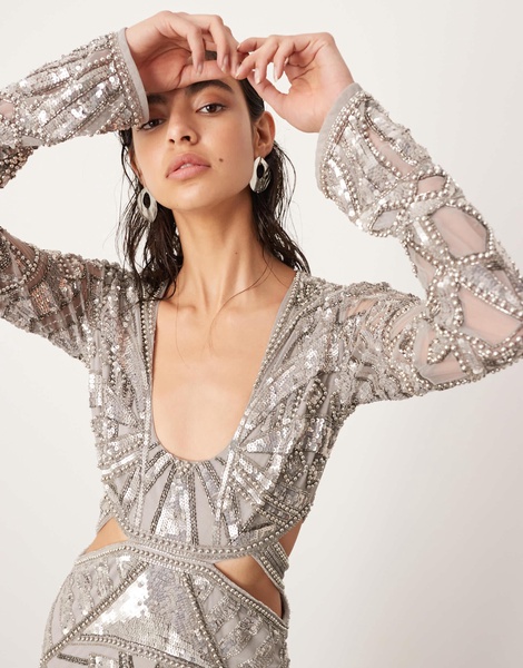 ASOS EDITION embellished long sleeve sequin cut work plunge neck midaxi dress in silver