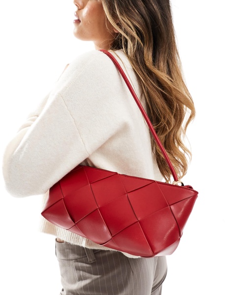 ASOS DESIGN structured weave shoulder bag with gold ball detail straps in red