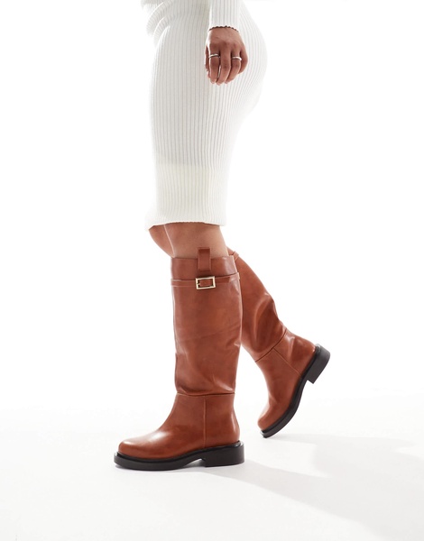 ASOS DESIGN Wide Fit Callie smart flat riding knee boots in tan