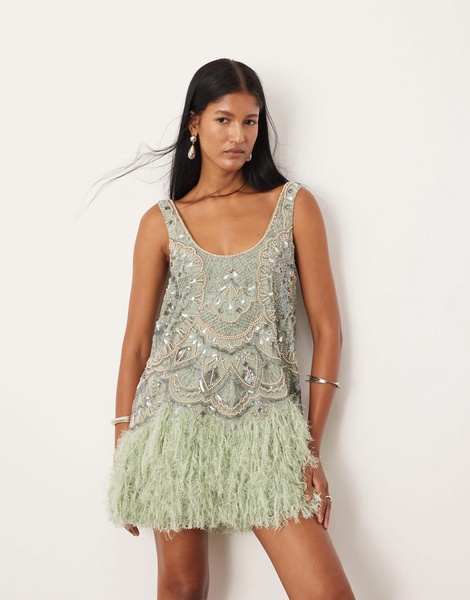 ASOS EDITION embellished scoop neck mini dress with faux feather hem in sage green