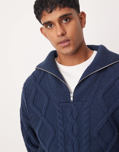 ASOS DESIGN oversized heavyweight knitted wool mix cable quarter zip sweater in navy