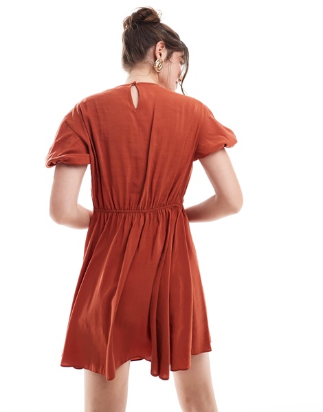 ASOS DESIGN puff sleeve mini smock dress with ruching detail in rust