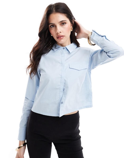 ASOS DESIGN pocket detail slim cropped shirt in blue