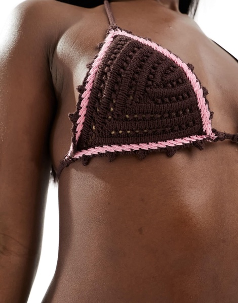 Cotton On crochet triangle bikini top in brown