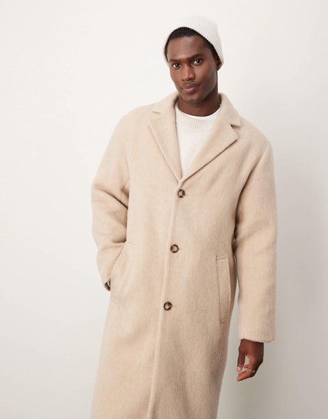 ASOS DESIGN brushed wool look overcoat in stone