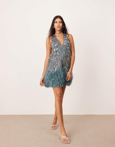 ASOS EDITION embellished plunge neck mini dress with faux feather hem in blue