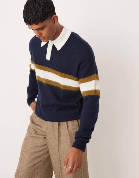 ASOS DESIGN relaxed knitted rugby polo sweater in navy with stripe