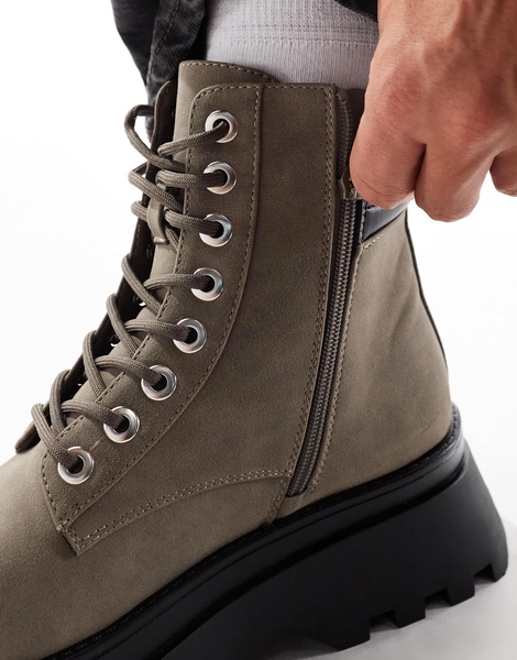 ASOS DESIGN lace up worker boots in gray with chunky sole