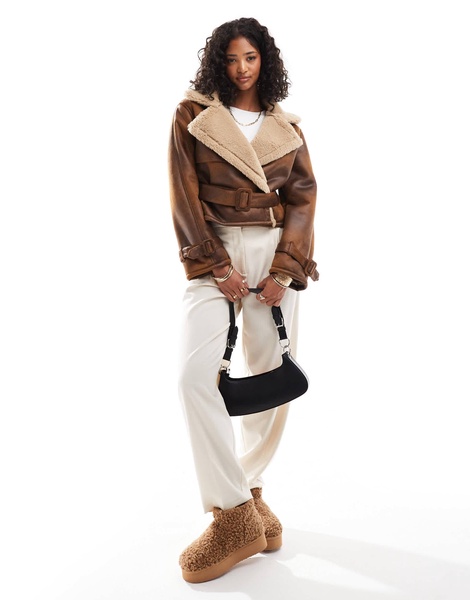 Bershka belted suede and shearling jacket in brown