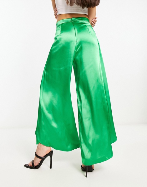 River Island wrap over wide leg satin pants in bright green - part of a set