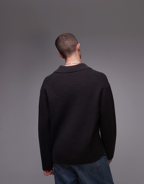 ARKET rib knit wool sweater with polo collar in dark brown