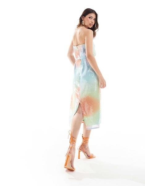 French Connection premium sequin bandeau midi dress in blur print