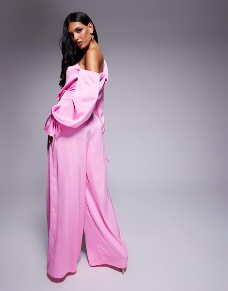 ASOS LUXE satin off the shoulder wide leg jumpsuit with bow in pink