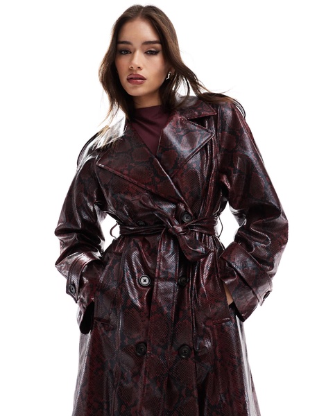 Bersha snakeskin faux leather trench coat in burgundy