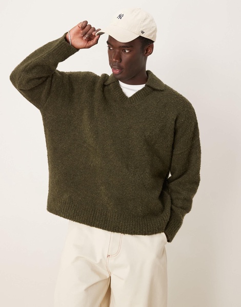 ASOS DESIGN oversized boxy fit boucle knitted notch neck sweater in khaki