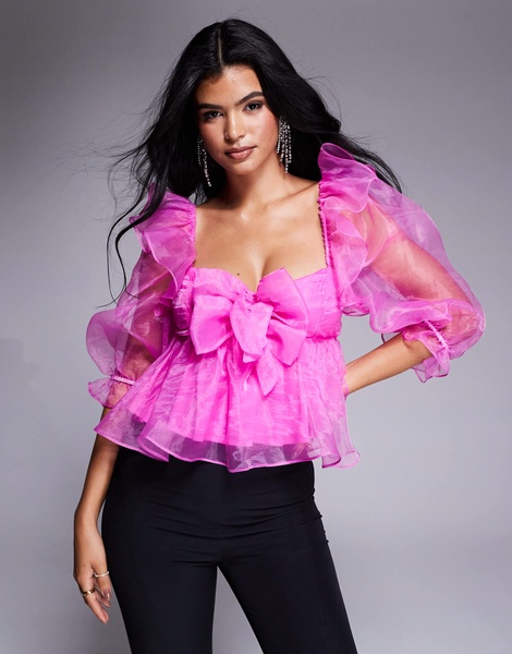 ASOS LUXE organza babydoll top with bow details in hot pink