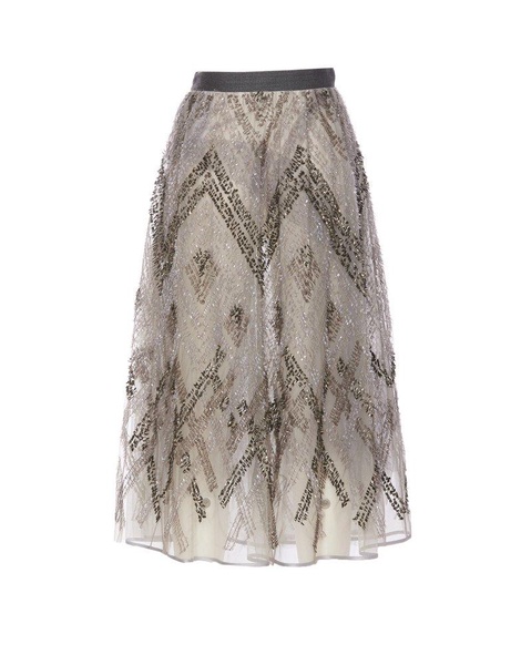 Elisabetta Franchi Chevron Pattern Sequin Embroidered Midi Tulle Skirt