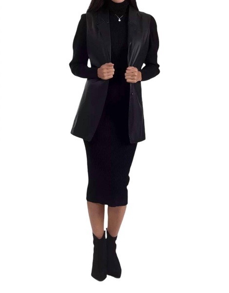 women's faux leather sleeveless blazer in black