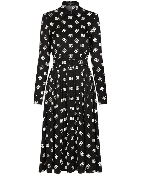 Charmeuse calf-length dress with all-over DG print