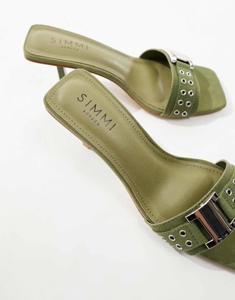 Simmi London Bexley mid heeled mules with eyelet buckle detail in khaki