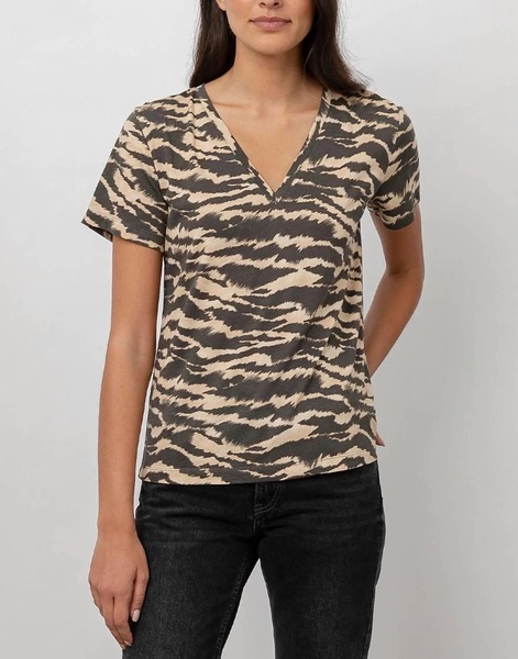 the cara v neck top in tan new wave tiger