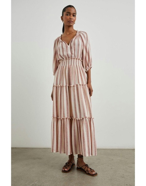 Caterine Multi Stripe Tie Neck Midi Dress Col: Pink Multi, Size: