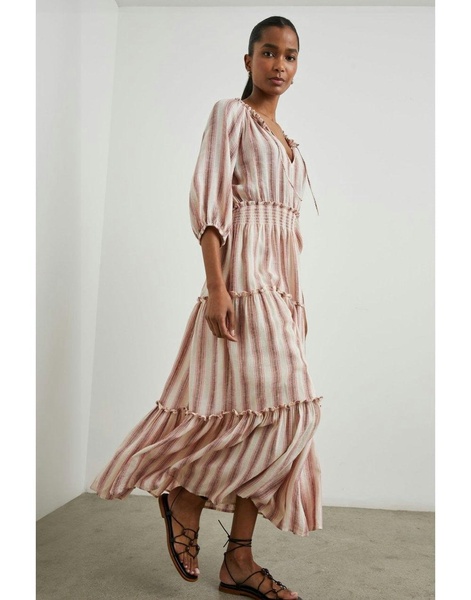 Caterine Multi Stripe Tie Neck Midi Dress Col: Pink Multi, Size: