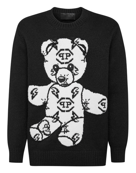 wool embroidery jacquard pullover round neck ls teddy bear