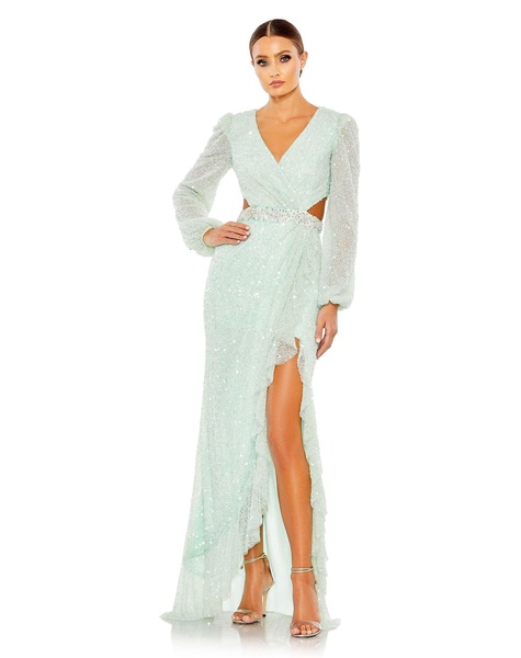 sequined faux wrap cut out puff sleeve gown