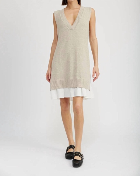 whitney mixed media midi dress in beige and white