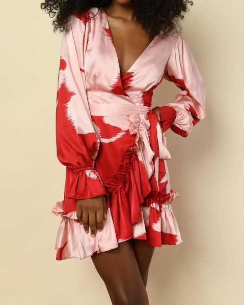 coralie wrap dress in red blush glitch floral satin